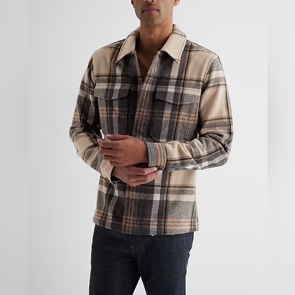 Express Plaid Wool-Blend Double Pocket Shirt Jacket Oyster Heather Flannel XL